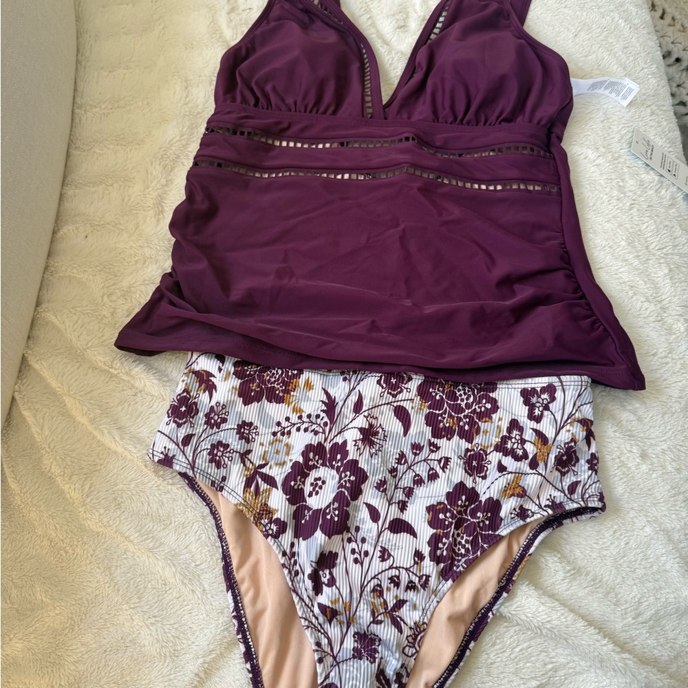 NWT Cupshe Deep Purple Floral Swimwear Set